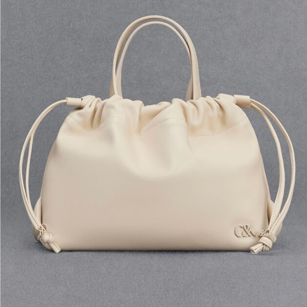 Charles & Keith Leather Ruched Drawstring Bag - Chalk